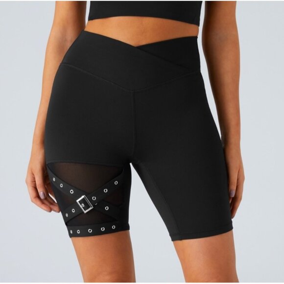 Halara High Waisted Crossover Contrast Mesh Decorative Buckle Yoga Biker Shorts - Picture 1 of 8